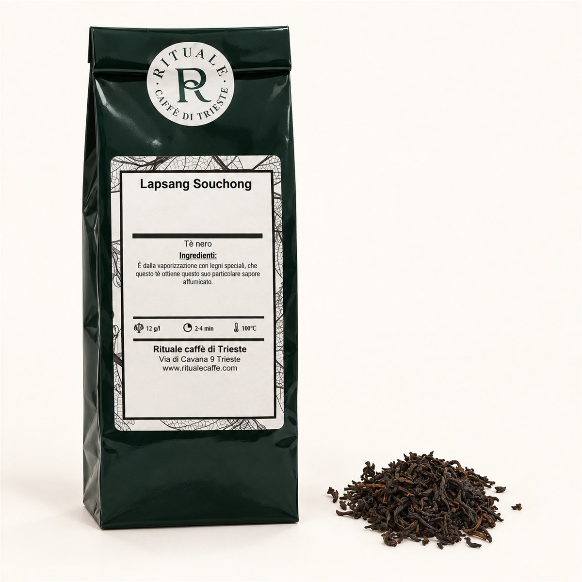 Confezione da 80 g di Lapsang Souchong Rituale con miscela sfusa accanto